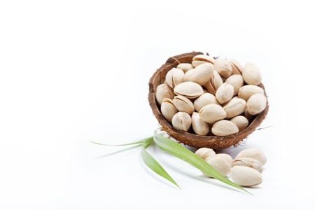 Pistachio nuts in the shell of the coconut.