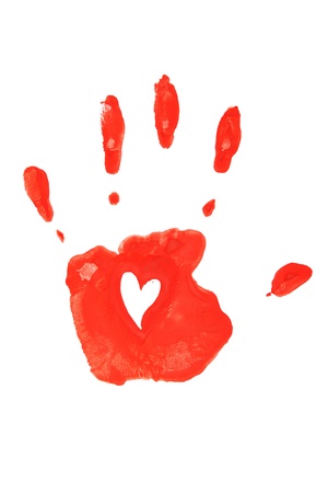 Handprint in red isolated on white background の写真素材