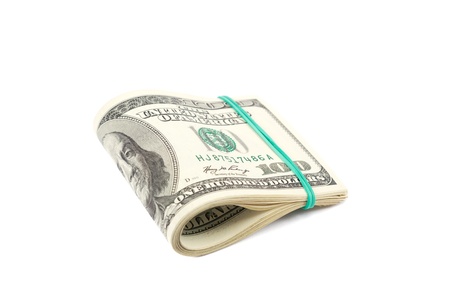 Roll of money isolated on white background. One hundred dollar bills related gum.