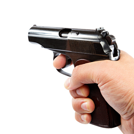 Gun in hand on a white background.