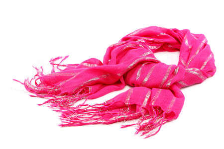 Pink scarf with tassels, isolated on white background.の写真素材