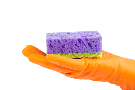 Hand in rubber glove with sponge isolated on white background.の写真素材