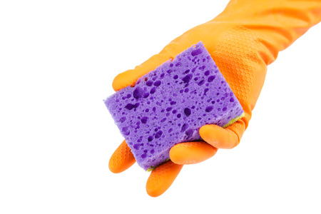 Hand in rubber glove with sponge isolated on white background.の写真素材
