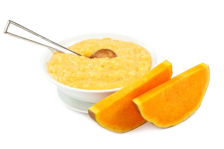 Pumpkin porridge isolated on white background. Healthy eating.の写真素材