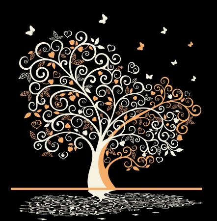 White tree with swirls ,leaves and butterflies on black backgroundのイラスト素材