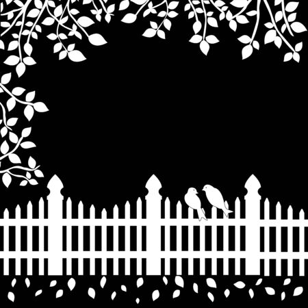 White fence with birds and branches on black backgroundのイラスト素材