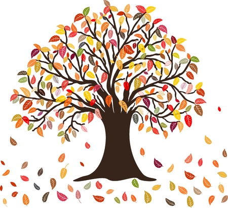 Autumn Tree with the colorful falling leaves, isolated on whiteのイラスト素材