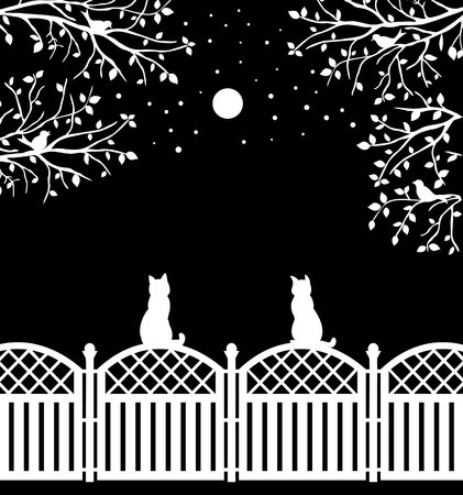 Rustic fence with cats, birds, moon and branches, flat vector designのイラスト素材