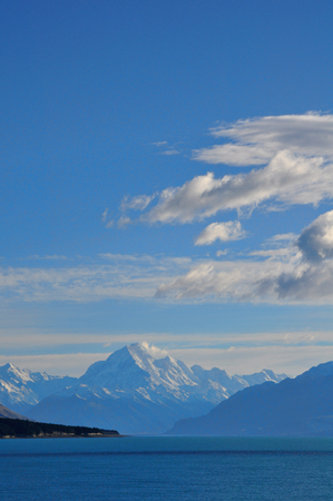 Mount Cook viewpoint with the lake Pukaki and road leading to mount cook villageの写真素材