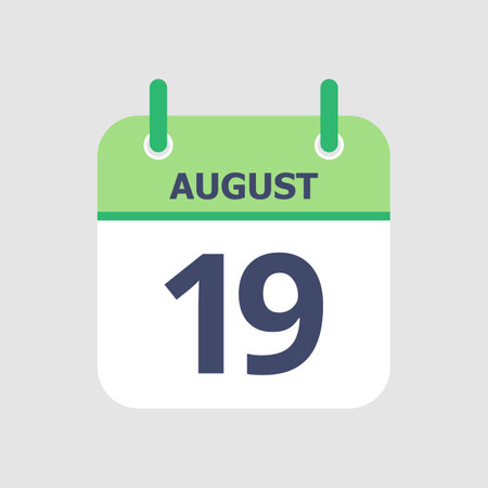 Flat icon calendar 19th of August isolated on gray background. Vector illustration.のイラスト素材