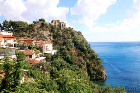View of the historical fortress and the sea in Parga, Greeceの写真素材