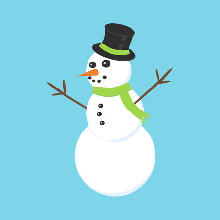 Flat icon Snowman with green scarf isolated on blue background. Vector illustration.のイラスト素材