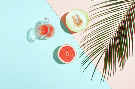 Summer organic juice fruit with grapefruit and melon,pastel color background aesthetic, green...