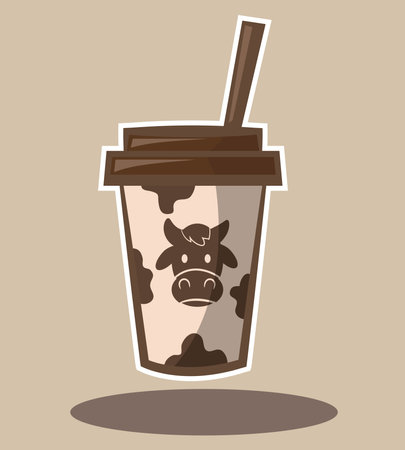 A beautiful glass of milk with the logo of a cow face in a small glass full of spots.のイラスト素材