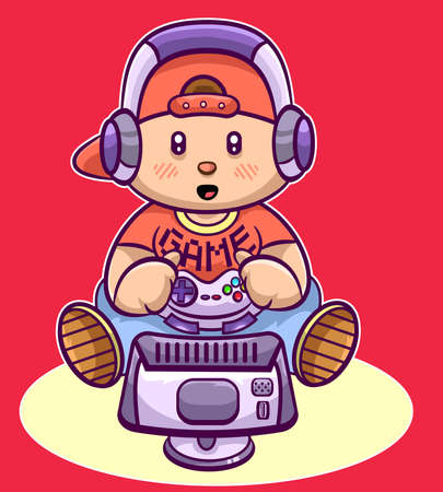 While playing his online game with his headset, this cute little boy in front of the TV monitor wears his little Streamer Hat.Vectorized Image,Boy Playing Online Game with his Earphone,Vector Isolatedのイラスト素材