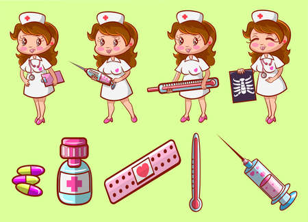 Cute Kawaii nurse and her medical kits and accessories. with her injection syringe, x-ray and thermometer this cute nurse is ready for care.のイラスト素材