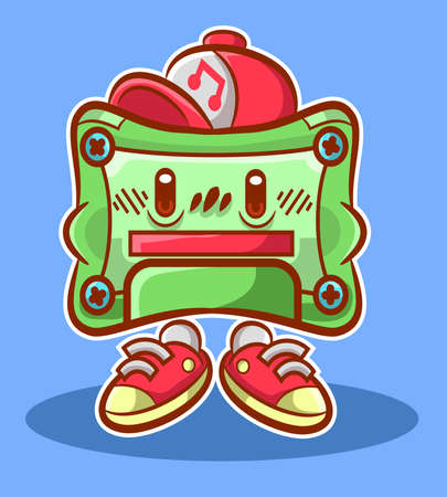 LP Cute Retro and Colored Tape full of style with his little red cap and tennis shoes this LP ribbon is very cute. Vectorized image, colored and with simple shadows to give a charm and enhance the artのイラスト素材
