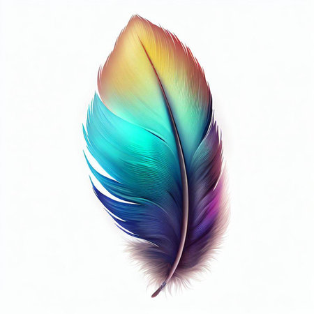 Colorful illustration of bird feather isolated on white backgroundの写真素材