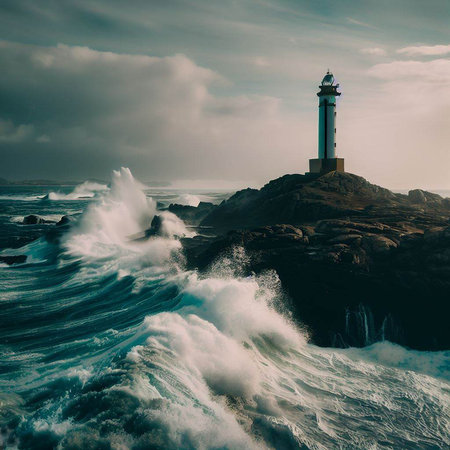 Lighthouse on a rock cliff in a stormy seaの写真素材