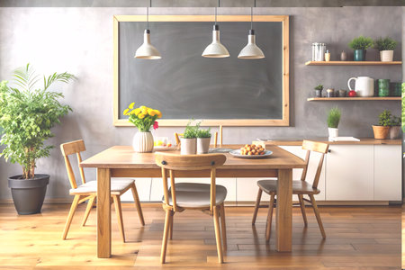 Dining room interior with wooden table and chairs and black boardの写真素材