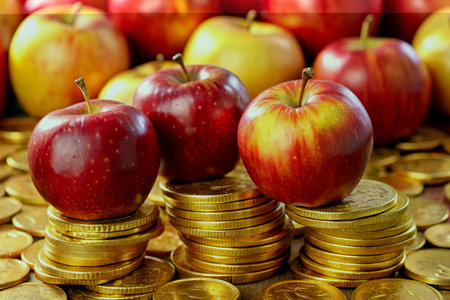 Red apples and gold coins. Food commodities price conceptの写真素材