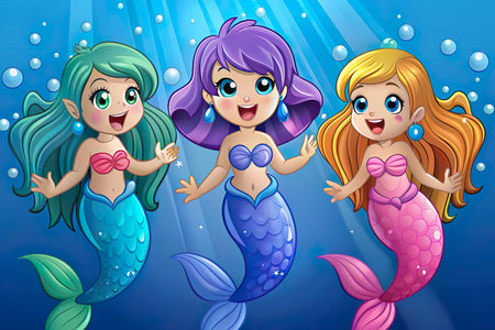 Cute mermaids swimming under the water in cartoon style illustrationの写真素材