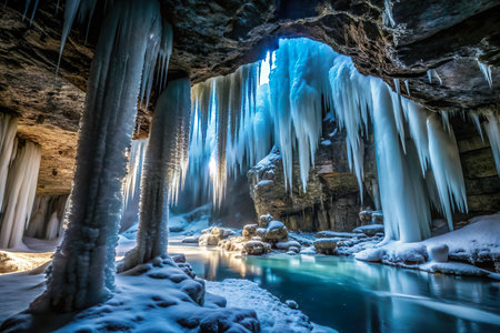 Icicles on the rocks in the cave. Winter landscape.の写真素材