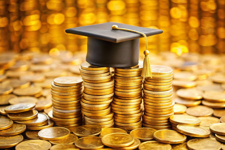 Graduation cap and gold coins stack. Education cost conceptの写真素材