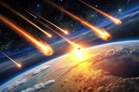 Image of meteorite in space against the background of the planet Earth