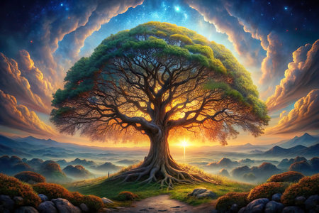 Magic fantasy landscape with old tree at sunrise. 3D Renderingの写真素材
