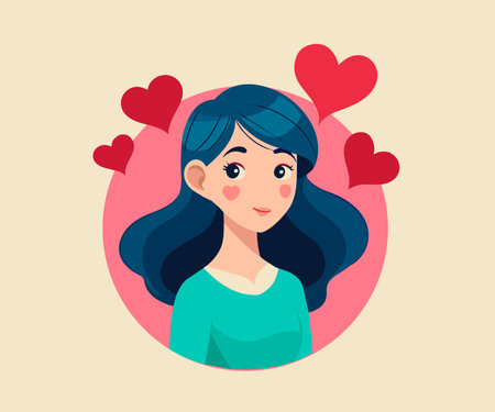Vector illustration of a girl with long hair and red hearts around her.のイラスト素材