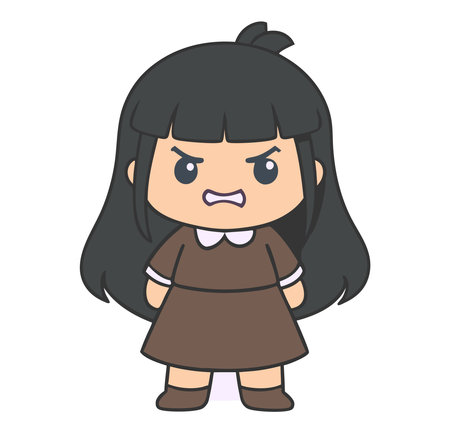 girl with angry facial expression cartoon drawing isolated on white backgroundのイラスト素材