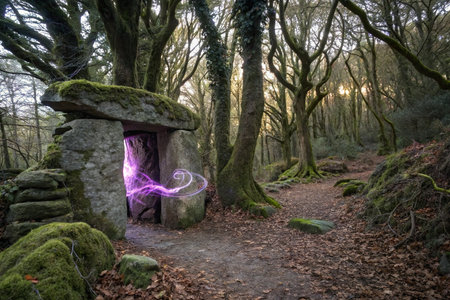 Magic stone portal in middle of a forest with glowing lights.の写真素材