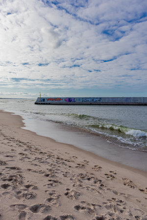 Beautiful beach walk to the mouth of the Jamno River on the Polish Baltic Sea - Polandのeditorial素材