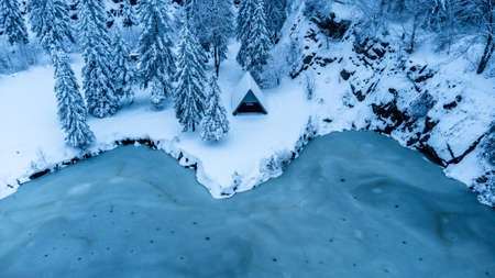 Beautiful winter hike to the mountain lake on the Rennsteig near Floh-Seligenthal - Germanyの写真素材