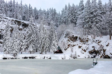 Beautiful winter hike to the mountain lake on the Rennsteig near Floh-Seligenthal - Germanyの写真素材