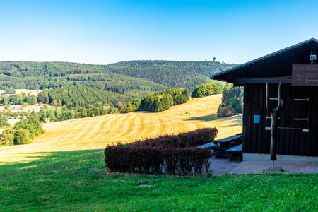 Summer hike along the Rennsteig between Brotterode and Eisenach in beautiful sunshine - Thuringia - Germanyのeditorial素材