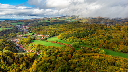Small autumn walk through the beautiful park landscape near Bad Liebensteinの写真素材