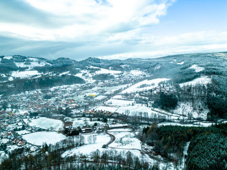 Beautiful winter landscape on the heights of the Thuringian Forest near Floh-Seligenthal - Thuringia - Germanyの写真素材