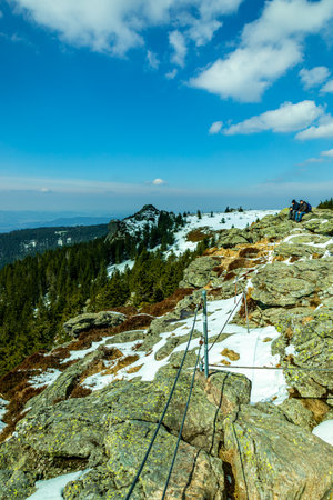 Spring hike in the Bavarian Forest from the GroÃer Arbersee to the GroÃer Arber summit - Bavaria - Germanyのeditorial素材
