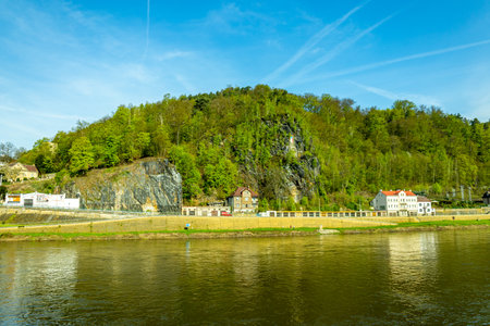 Beautiful spring walk in the Czech border town of Decin along the Elbe - Bohemian Switzerland - Czech Republicのeditorial素材