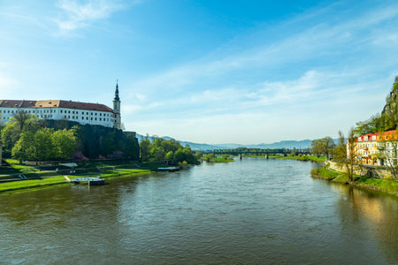 Beautiful spring walk in the Czech border town of Decin along the Elbe - Bohemian Switzerland - Czech Republicのeditorial素材