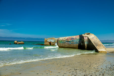 On the road along the kilometers of sandy beach on the Atlantic coast in beautiful Brittany - Plage De Treogat - Franceのeditorial素材
