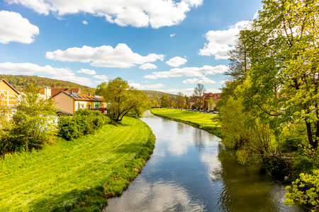 Traveling by bike on the 1st Werratal Cycle Route stage from the source of the Werra near Fehrenbach to Werratal near Wernshausen - Thuringia - Germanyの写真素材