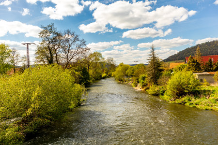 Traveling by bike on the 1st Werratal Cycle Route stage from the source of the Werra near Fehrenbach to Werratal near Wernshausen - Thuringia - Germanyの写真素材
