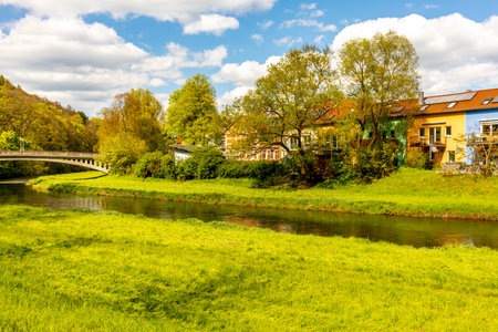 Traveling by bike on the 1st Werratal Cycle Route stage from the source of the Werra near Fehrenbach to Werratal near Wernshausen - Thuringia - Germanyの写真素材
