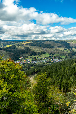 Autumn hike through the beautiful Thuringian Forest over the Kickelhahn near Ilmenau - Thuringia - Germanyの写真素材
