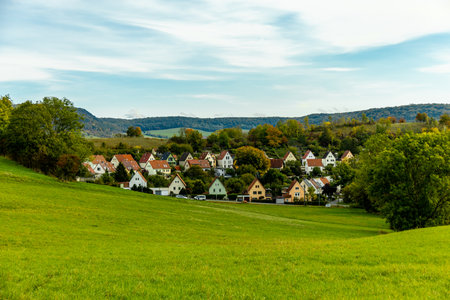 A colorful autumnal hike through the beautiful landscape of the Saale Horizontale near Jena - Thuringia - Germanyの写真素材