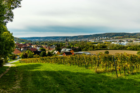 A colorful autumnal hike through the beautiful landscape of the Saale Horizontale near Jena - Thuringia - Germanyの写真素材