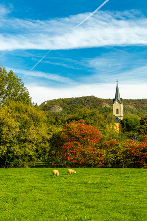 A colorful autumnal hike through the beautiful landscape of the Saale Horizontale near Jena - Thuringia - Germanyの写真素材